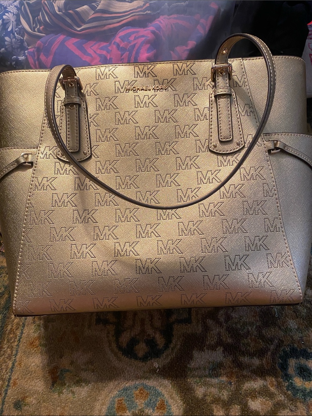 Michael Kors Metallic Gold MK Signature Shoulder Tote